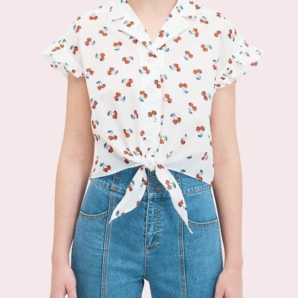 NWT kate‎ spade Cherry toss tie-front top French cream all cotton